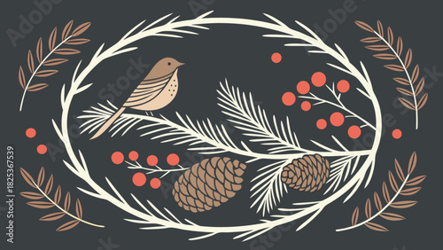 Illustration of a bird perched on a branch with pine cones and berries in a decorative oval frame