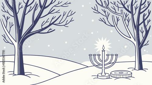 Illustration of a menorah in a snowy landscape with bare trees and falling snow in a winter scene