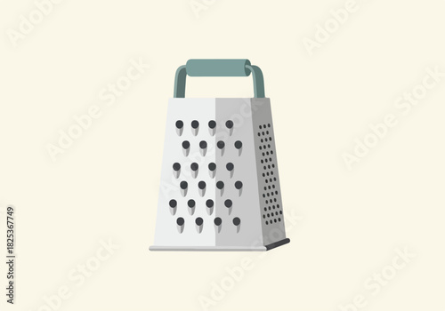 Stylized illustration of a foursided kitchen grater with a teal handle