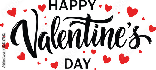 Happy Valentine's Day text surrounded by red hearts and dots love