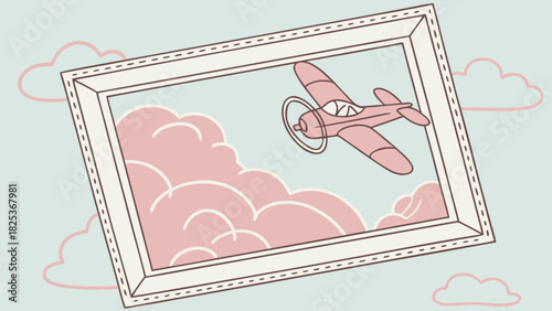 Pink airplane flying through clouds framed by a picture frame against a light blue background scene