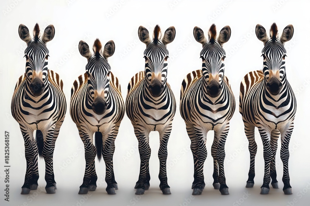 Obraz premium Straight frontal view of five zebras standing evenly spaced on a white background with alert expressions
