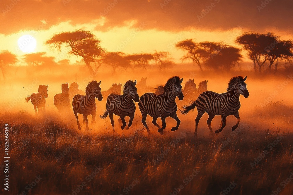 Obraz premium Herd of zebras running across the grassland at sunset with silhouetted trees and warm glowing sky creating a dramatic and lively scene