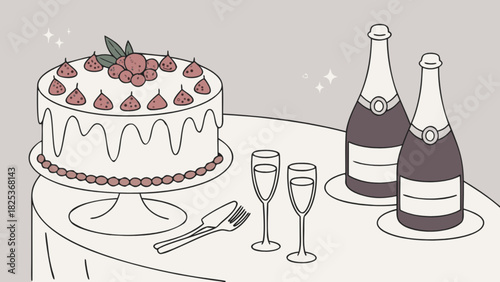 Celebratory table with cake champagne glasses and cutlery in a simple line drawing style illustration