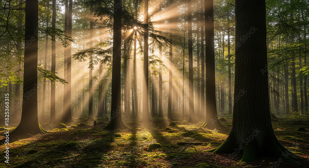 Fototapeta premium Majestic sunrays filter through the dense tree canopy, casting a mystical glow upon the forest floor, highlighting the peaceful beauty and natural wonder of a sunlit woodland