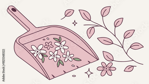 Illustration of a pink dustpan filled with white flowers and a leafy branch on a light background