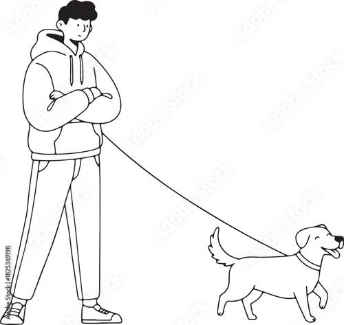 Man Walking Dog Leash Line Art Illustration