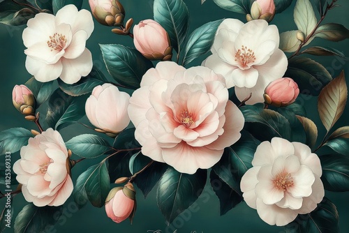 Soft pink and white blooming flowers with lush green leaves arranged against a dark teal background, depicting delicate beauty and tranquility