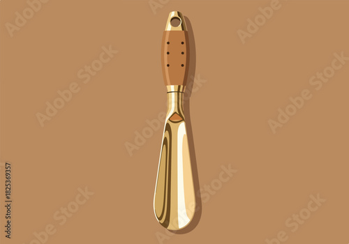 Stylized illustration of a longhandled shoehorn with wood and brass elements