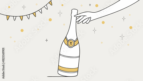 Hand reaching for a champagne bottle with banner and stars in a celebratory atmosphere design