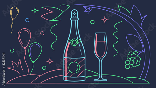 Neon style illustration of a champagne bottle and glass with balloons and grapes decoration party scene