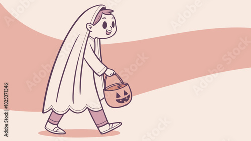 Illustration of a child dressed as a ghost walking with a pumpkin bucket for trick or treating fun