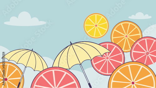 Illustration featuring citrus slices and yellow umbrellas against a light blue sky backdrop design