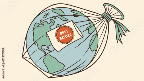 Earth globe inside plastic bag with best before label attached representing environmental issues