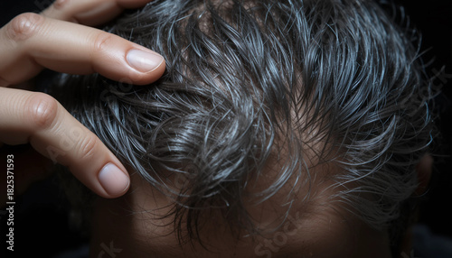 Close-Up Detail of Man's Gray Hair and Hand