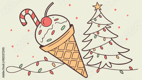 Ice cream cone with candy cane and christmas tree decorated with lights on a light background