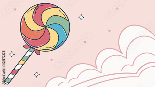 A whimsical illustration of a colorful lollipop with clouds and stars on a pink background design
