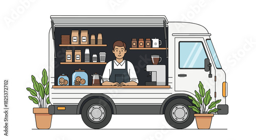 Friendly male barista smiling from inside a mobile coffee truck, ready to serve customers from his fully stocked food and beverage van.