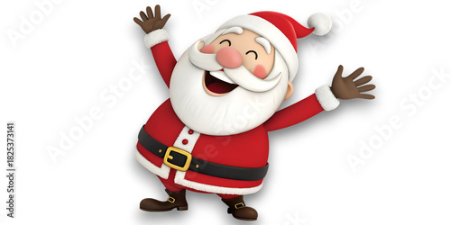 Joyful santa claus with arms raised in celebration spreading holiday cheer with a wide smile and rosy cheeks