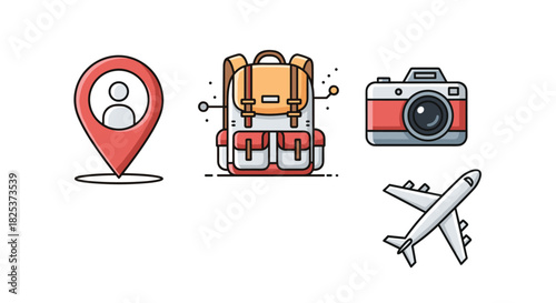 Colorful set of four essential travel icons, including a location pin, a backpack, a camera, and an airplane for vacation and tourism concepts.