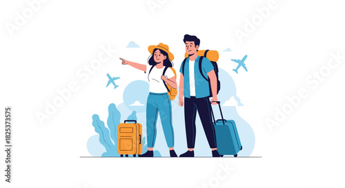 Young tourist couple with backpacks and luggage ready for their next adventure, with the woman pointing towards their destination.