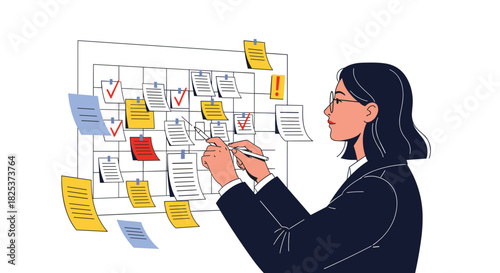 Businesswoman organizing tasks and planning a project using a kanban board with sticky notes, demonstrating agile methodology and workflow.