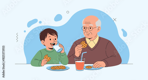 Grandfather and his grandson sitting together at a table, happily eating cookies and drinking milk and juice, sharing a special moment.