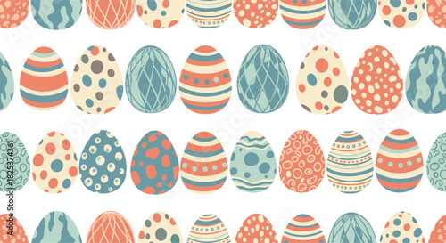 Seamless repeating pattern of colorful Easter eggs decorated with various lines, dots, and stripes in a fun and festive holiday design.