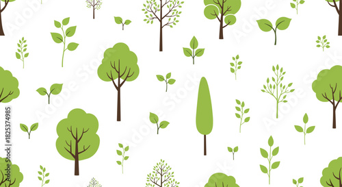 Seamless repeating pattern of various stylized green trees and leaves on a clean white background, representing nature, forests, and ecology.