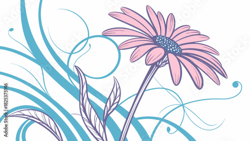 Illustration of a pink daisy with blue swirls and leaves on a white background design element
