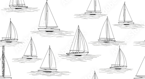 Seamless black and white pattern of hand-drawn sailboats navigating gentle waves, creating a simple and elegant nautical-themed background.