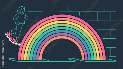 Person stepping over a rainbow with a brick wall background in a minimalist style illustration