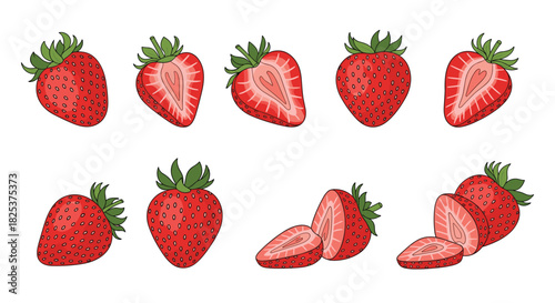 Set of fresh, juicy red strawberries, including whole, halved, and sliced berries, illustrated in a bright and appealing cartoon style.