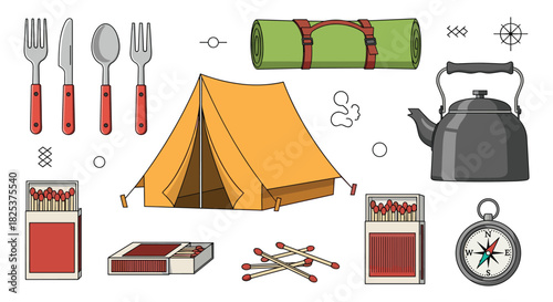 Collection of essential camping and hiking equipment, including a tent, kettle, compass, matches, and cutlery for outdoor adventures.