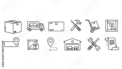 Collection of icons representing moving services, logistics, and delivery, including trucks, boxes, tools, and maps