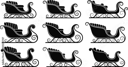 “Collection of elegant Santa sleigh silhouettes featuring decorative winter designs, detailed vector illustration set for Christmas themes, holiday graphics, festive artwork, and seasonal projects”
