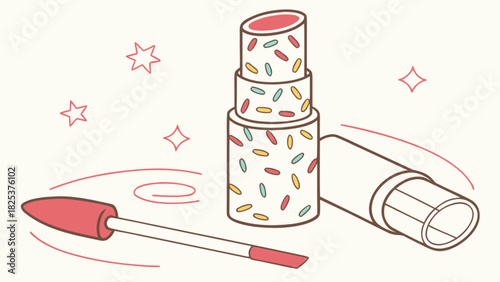 Illustration of a lipstick with sprinkles and a wand applicator with stars and swirl lines around it