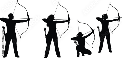 “Dynamic collection of archery silhouettes featuring standing and kneeling bow shooters, detailed vector illustration set for sports themes, training concepts, and professional archers”