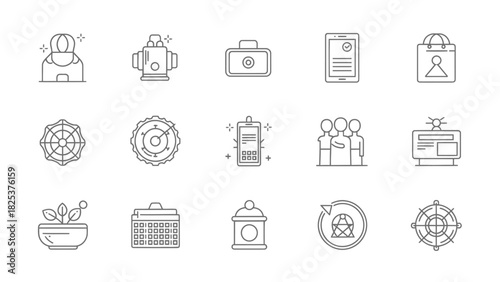 Diverse collection of minimalist line art icons featuring modern concepts from business, technology, lifestyle, and social applications, perfect for clean digital interfaces