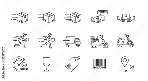 Set of express delivery icons showing packages, couriers, vehicles, and tracking