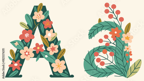 Floral uppercase and lowercase letter a with flowers and leaves in a decorative botanical arrangement