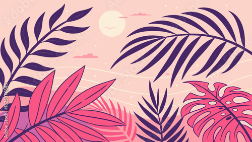 Illustration of tropical leaves in pink and purple with a sun and clouds in the background scene art