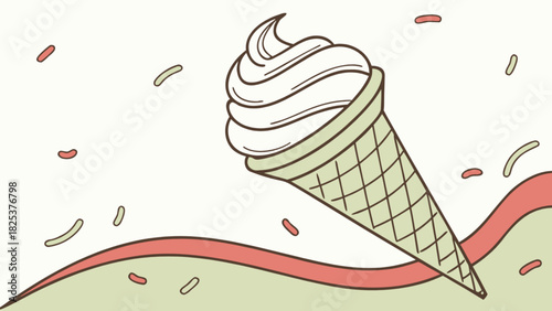 Illustration of a swirled ice cream cone with sprinkles and a wavy line on a light background