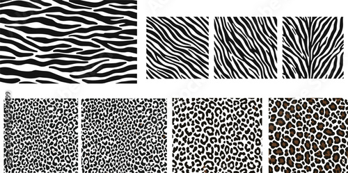“Wild zebra and leopard seamless pattern collection, bold animal skin vector backgrounds, high-contrast textures for fashion design, textile prints, and modern decor”