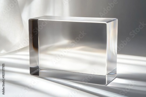 Wallpaper Mural clear rectangular glass block on white draped surface with soft striped light and calm minimal still life mood Torontodigital.ca