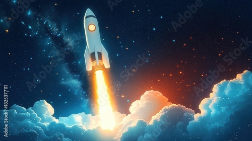 Wallpaper Mural white rocket blasting off through glowing clouds into a starry night sky, fiery exhaust lighting the clouds, evoking wonder and adventurous ascent Torontodigital.ca