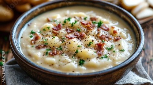 Wallpaper Mural creamy potato soup with bacon bits, chopped parsley and cracked black pepper in a rustic ceramic bowl on a cloth napkin — cozy, comforting and hearty Torontodigital.ca
