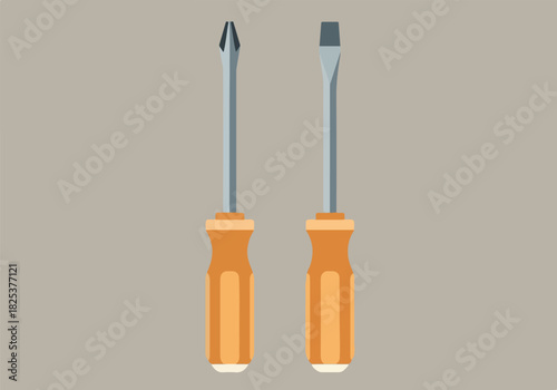 Two screwdrivers one Phillips and one flathead against a gray background