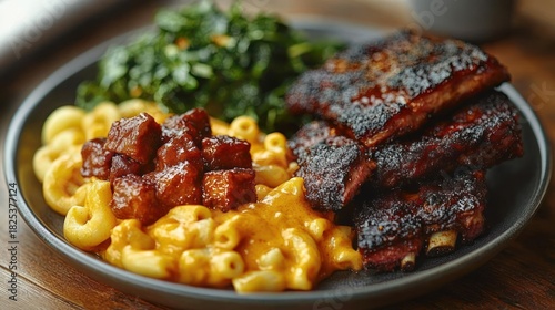 Wallpaper Mural Hearty plate of creamy macaroni and cheese with glazed burnt ends, stacked charred barbecue ribs and sautéed greens, warm comforting and indulgent Torontodigital.ca