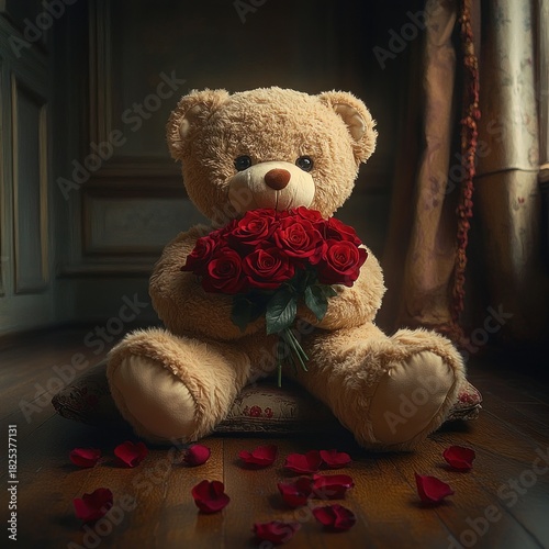 Wallpaper Mural plush teddy bear holding a bouquet of red roses seated on a cushion with scattered rose petals on a wooden floor in warm cozy light, evoking romance and nostalgia Torontodigital.ca